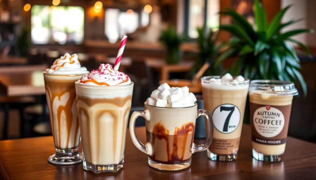 A beautifully arranged display of featured drinks from 7 Brew Coffee in Parma Heights, showcasing a variety of colorful, seasonal beverages. In the foreground, a frothy caramel macchiato with intricate latte art sits next to a vibrant peppermint mocha topped with whipped cream and candy cane sprinkles. In the middle, a rich hot chocolate in a charming mug, garnished with marshmallows, flows smoothly into a chilled seasonal iced coffee featuring autumn spices. The background features a cozy café setting, with warm lighting casting a soft glow across wooden tables and lush green plants. The atmosphere is inviting and festive, capturing the essence of seasonal flavors. Photographed from a slightly elevated angle to highlight the textures and colors of the drinks, with a gentle bokeh effect that brings focus to the drinks.
