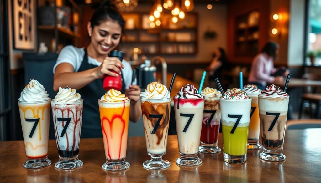 A beautifully arranged table featuring an enticing selection of 7 Brew's secret menu drinks in tall, colorful cups with unique toppings like whipped cream, drizzled syrups, and sprinkles. In the foreground, a barista wearing a professional apron serves a vibrant drink, showcasing a friendly smile and helping a customer. The middle ground highlights an array of tantalizing beverages, each uniquely styled with creative garnishes. In the background, there are soft-focus café interiors, stylish décor, and a welcoming atmosphere with warm lighting casting a soft glow. The scene captures a lively yet cozy feeling, inviting patrons to explore and indulge in these exclusive drink creations, perfect for coffee enthusiasts.