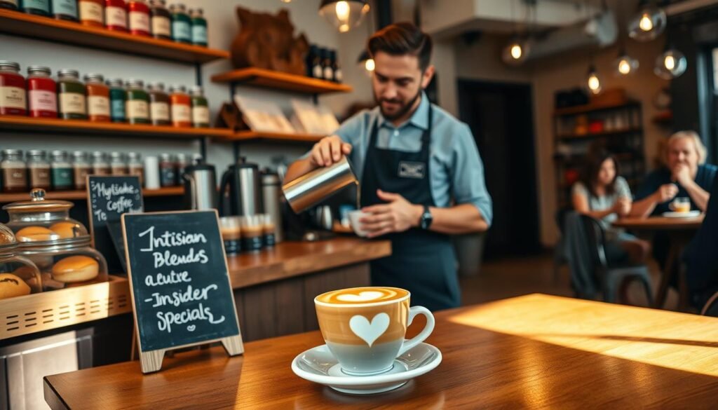A cozy coffee shop interior featuring an inviting barista counter with an array of unique coffee blends on display. In the foreground, a warm cup of artisan coffee sits on a wooden table, surrounded by colorful pastries and a small chalkboard highlighting "Insider Specials." The middle ground showcases a friendly barista in smart casual attire, expertly pouring a latte art heart into the coffee cup. In the background, patrons enjoy their drinks in a relaxed atmosphere adorned with soft, ambient lighting. The scene captures a sense of discovery and craft, evoking the excitement of uncovering hidden coffee treasures. Use a warm color palette with natural lighting for an inviting mood, shot with a slight depth of field to emphasize the foreground. A cozy coffee shop interior featuring an inviting barista counter with an array of unique coffee blends on display. In the foreground, a warm cup of artisan coffee sits on a wooden table, surrounded by colorful pastries and a small chalkboard highlighting "Insider Specials." The middle ground showcases a friendly barista in smart casual attire, expertly pouring a latte art heart into the coffee cup. In the background, patrons enjoy their drinks in a relaxed atmosphere adorned with soft, ambient lighting. The scene captures a sense of discovery and craft, evoking the excitement of uncovering hidden coffee treasures. Use a warm color palette with natural lighting for an inviting mood, shot with a slight depth of field to emphasize the foreground.