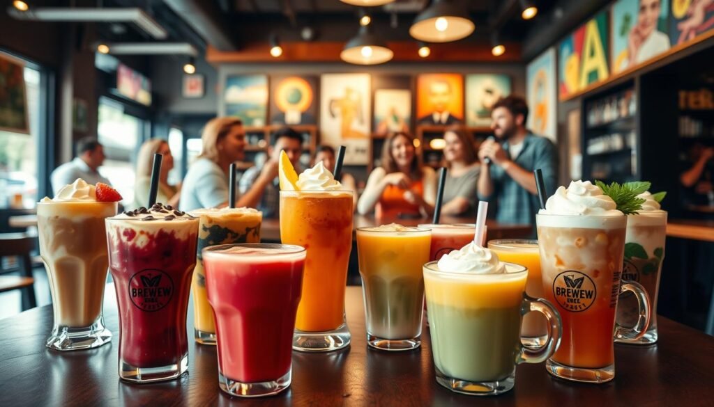 A cozy coffee shop scene showcasing an array of popular beverages from 7 Brew's secret menu. In the foreground, highlight a vibrant table filled with beautifully crafted drinks in assorted colorful cups, featuring unique garnishes like fresh fruit and whipped cream. In the middle, capture enthusiastic patrons, casually dressed, engaging in lively conversation while savoring their drinks, radiating community spirit. The background should display a charming coffee shop interior with warm lighting, wooden accents, and colorful art on the walls, creating an inviting atmosphere. Shoot from a slight angle to emphasize the bustling vibe, with soft bokeh effects to enhance focus on the drinks and people, evoking a sense of warmth and camaraderie in the coffee lover's community.