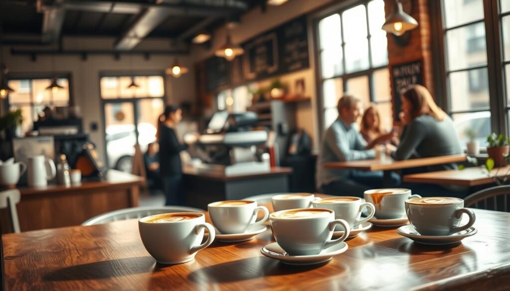A cozy local coffee shop interior filled with natural light streaming through large windows, creating a warm and inviting atmosphere. In the foreground, a beautifully crafted wooden table is set with an assortment of coffee cups, showcasing the latest brew selections featuring rich dark roast, frothy cappuccinos, and vibrant lattes with intricate foam art. The middle ground highlights an attractive barista in smart casual clothing, preparing drinks behind a sleek espresso machine, while friendly customers enjoy their coffee, engaged in conversation. The background displays a chalkboard menu with handwritten specials and small potted plants adding a touch of greenery. The overall mood should evoke a sense of comfort and community, highlighting a perfect local coffee shop experience. Shot with a shallow depth of field to focus on the table setting, with soft, warm lighting enhancing the inviting feel.