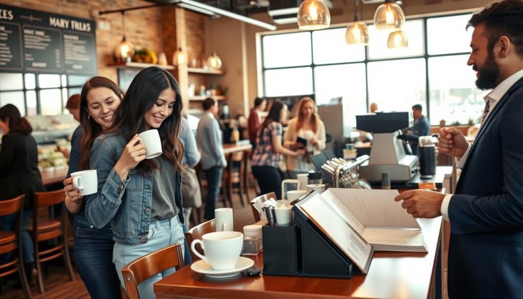 A lively coffee shop scene at "7 Brew Coffee" in Parma Heights, featuring a cozy interior with warm wooden furniture and a large counter displaying freshly brewed coffee options. In the foreground, a diverse group of customers, including a young woman in casual clothing holding a steaming cup, and a businessperson in professional attire reviewing the menu on a table. The middle ground shows a friendly barista serving coffee with a smile, showcasing the vibrant atmosphere of customer interaction. In the background, large windows allow natural light to flood in, illuminating the space with a bright and welcoming ambiance. The mood is inviting and uplifting, capturing the essence of customer experience and enjoyment at this coffee spot.