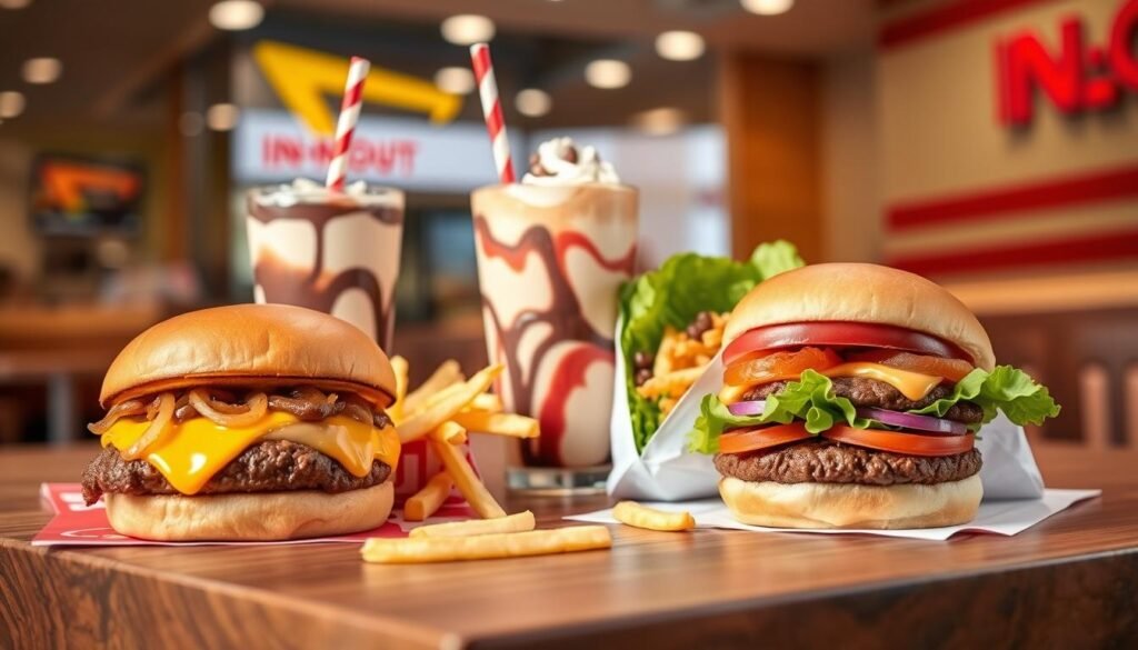 A vibrant and appetizing display of In-N-Out Burger's best secret menu items arranged artistically on a wooden table. In the foreground, showcase a Double Meat Burger with grilled onions and a side of Animal Style Fries, topped with cheese and Thousand Island dressing, glistening under warm, overhead lighting. In the middle ground, include a Neapolitan milkshake with a colorful swirl of chocolate, vanilla, and strawberry flavors, elegantly placed next to a Veggie Burger wrapped in lettuce, highlighting its fresh ingredients. The background features a blurred glimpse of an In-N-Out restaurant, contributing to a casual, inviting atmosphere. Capture the image from a slightly elevated angle to emphasize the food arrangement, ensuring the overall mood is vibrant and mouth-watering, enticing viewers to explore the delicious options.