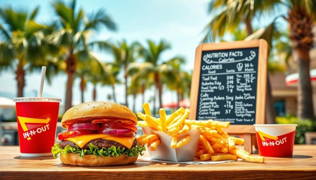 A vibrant and detailed food display featuring In-N-Out Burger items arranged attractively on a wooden table. In the foreground, showcase a classic double cheeseburger with fresh lettuce, tomato, onions, and melted cheese. Next to it, place a serving of crispy golden fries and a refreshing drink in a paper cup. In the middle ground, incorporate a selection of nutrition facts displayed on an elegant chalkboard, detailing calorie counts and ingredients, arranged artistically. The background captures a sunny outdoor California setting with green palm trees and a clear blue sky, creating a cheerful and inviting atmosphere. The lighting is warm and natural, enhancing the colors of the food. Aim for a mouthwatering yet informative tone that embodies a healthy eating vibe while emphasizing the iconic burger joint experience.