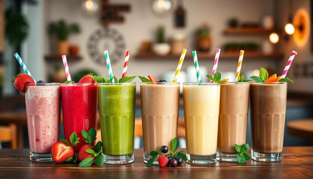 A vibrant and inviting display of seven different smoothies, each in a clear glass with colorful straws. The smoothies should be a variety of flavors: strawberry, mango, blueberry, spinach-green, chocolate, vanilla, and tropical fruit, showcasing a mix of appealing colors from bright reds and yellows to deep greens and browns. In the foreground, the smoothies are arranged on a rustic wooden table, glistening with fruit toppings and mint leaves. The middle ground features a soft-focus background of a cozy café setting, with warm, ambient lighting creating a cheerful atmosphere. Capture the scene from a slightly elevated angle, emphasizing the freshness and appeal of the smoothies, perfect for inviting customers to indulge in these delightful treats.