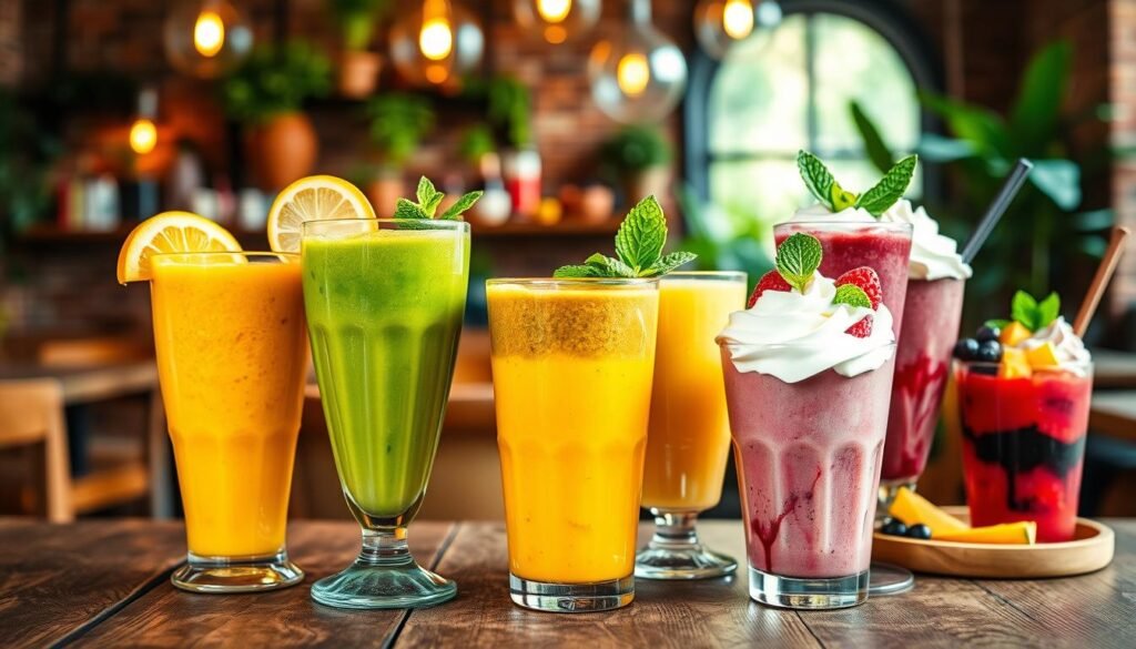 A vibrant array of tropical smoothies displayed on a rustic wooden table in a cozy café setting. In the foreground, three different smoothies in colorful, clear glasses: a bright mango smoothie with a slice of fresh mango on the rim, a deep green kale and spinach smoothie garnished with mint leaves, and a striking berry smoothie topped with whipped cream and a sprig of mint. In the middle ground, a blurred assortment of dessert-style beverages like milkshakes and smoothie bowls, artistically arranged with fruits and toppings. In the background, soft, ambient lighting from hanging pendant lights creates a warm and inviting atmosphere, while the café’s brick walls and plants add a touch of natural charm. The image should be vibrant, fresh, and enticing, appealing to those looking for healthy, delicious drink options.