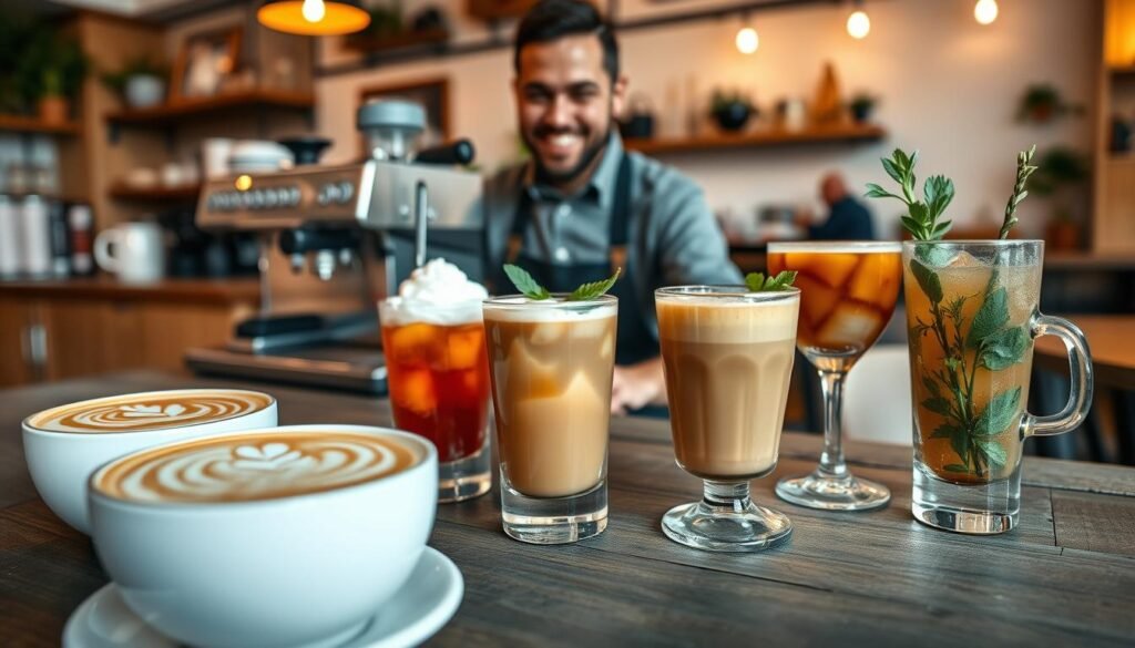 A vibrant coffee shop scene showcasing a selection of popular off-menu coffee items on a rustic wooden table. In the foreground, a beautifully crafted latte with intricate foam art, a bright flavored iced coffee with whipped cream, and a unique herbal-infused brew in elegant glassware, garnished with fresh herbs. In the middle, a skilled barista in a smart casual outfit expertly preparing drinks with a high-end espresso machine, beaming with enthusiasm. The background features cozy coffee shop decor with warm lighting and soft, ambient colors, creating an inviting atmosphere. Gentle focus with a shallow depth of field highlights the drinks, evoking a sense of discovery and excitement around hidden coffee treasures. A vibrant coffee shop scene showcasing a selection of popular off-menu coffee items on a rustic wooden table. In the foreground, a beautifully crafted latte with intricate foam art, a bright flavored iced coffee with whipped cream, and a unique herbal-infused brew in elegant glassware, garnished with fresh herbs. In the middle, a skilled barista in a smart casual outfit expertly preparing drinks with a high-end espresso machine, beaming with enthusiasm. The background features cozy coffee shop decor with warm lighting and soft, ambient colors, creating an inviting atmosphere. Gentle focus with a shallow depth of field highlights the drinks, evoking a sense of discovery and excitement around hidden coffee treasures.