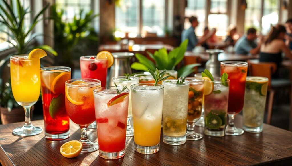 A vibrant, eye-catching display of "7 FIZZ" beverages, prominently featuring a variety of refreshing drinks like colorful teas, fruity smoothies, and sparkling lemonades artistically arranged on a rustic wooden table. The foreground showcases intricately garnished glasses filled with icy, fizzy drinks, adorned with fresh fruit slices and herbs, creating a refreshing and inviting look. The middle ground softly blurs a selection of handcrafted coffee cups and brewing accessories, hinting at the artisanal craft of beverage preparation. In the background, a sunlit cafe interior with greenery, large windows, and patrons enjoying their drinks creates a warm, lively atmosphere. Use natural lighting to enhance the freshness of the drinks, and capture the image from a slightly elevated angle to provide an engaging perspective. The overall mood is cheerful and inviting, perfect for capturing the essence of summer enjoyment.