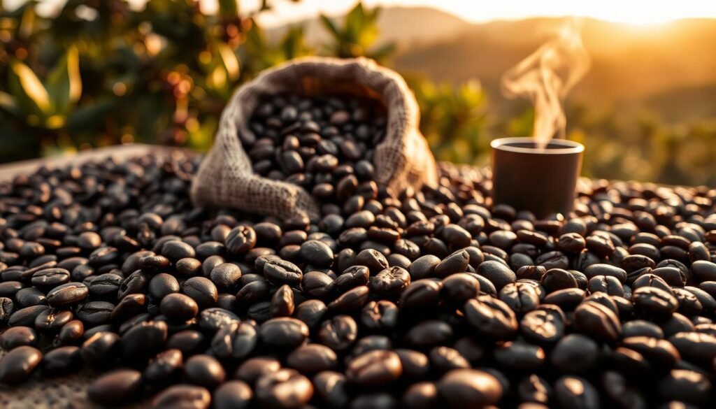 Close-up of freshly roasted Arabica coffee beans spread across a wooden surface, showcasing their rich, dark brown color with a glossy sheen. Include varying sizes and shapes of beans to convey their natural diversity. In the middle ground, place a burlap sack partially filled with beans, hinting at their earthy origins. The background features a softly blurred coffee plantation landscape under warm, golden sunlight, suggesting a lush, inviting atmosphere. Include subtle steam rising from a brewing coffee cup, creating a cozy vibe. Use a shallow depth of field to draw focus to the beans in the foreground, with vibrant natural lighting enhancing their textures and colors. The overall mood should evoke warmth and comfort, ideal for coffee lovers.