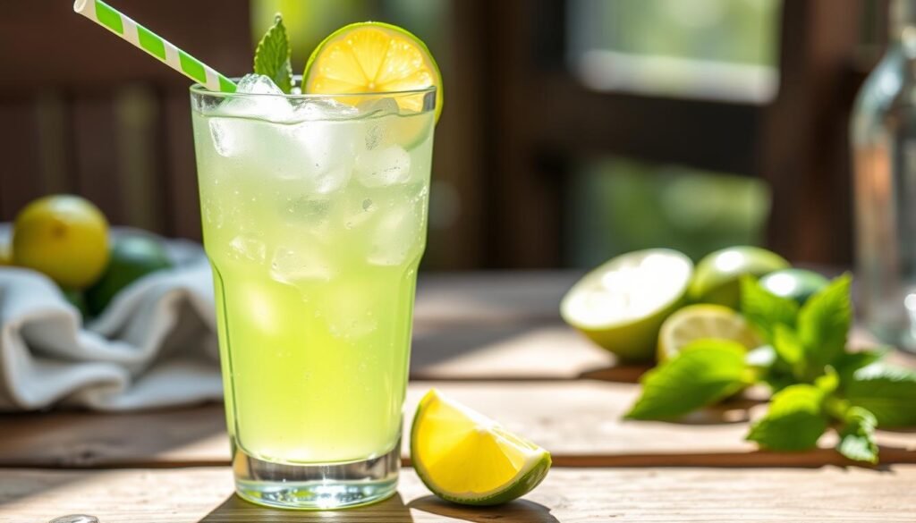 A refreshing limeade drink in a clear glass filled with ice, garnished with a fresh lime slice on the rim and a colorful striped straw. The bright green beverage sparkles in the sunlight, with light reflections creating an inviting, thirst-quenching appearance. In the background, a rustic wooden table setting complements the drink, along with some scattered lime wedges and mint leaves for added texture. Soft, natural light illuminates the scene, enhancing the vibrant color of the limeade. The angle captures the drink at eye level, emphasizing its refreshing qualities. The atmosphere should feel bright, cheerful, and summery, evoking a sense of relaxation and enjoyment. A refreshing limeade drink in a clear glass filled with ice, garnished with a fresh lime slice on the rim and a colorful striped straw. The bright green beverage sparkles in the sunlight, with light reflections creating an inviting, thirst-quenching appearance. In the background, a rustic wooden table setting complements the drink, along with some scattered lime wedges and mint leaves for added texture. Soft, natural light illuminates the scene, enhancing the vibrant color of the limeade. The angle captures the drink at eye level, emphasizing its refreshing qualities. The atmosphere should feel bright, cheerful, and summery, evoking a sense of relaxation and enjoyment.