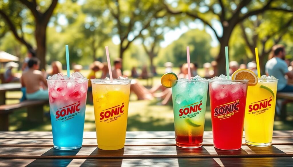 A vibrant summer scene featuring a selection of colorful Sonic drinks placed on a wooden picnic table. In the foreground, highlight four distinct drinks in large, frosty cups with ice, showcasing vivid colors like bright blue ocean, fruity pink, tangy yellow, and refreshing green, each garnished with fruit slices and colorful straws. In the middle, focus on a cheerful setting with a sun-drenched backdrop of a park filled with trees and families enjoying their drinks. The lighting is bright and inviting, capturing the essence of a warm summer day. Use a shallow depth of field to keep attention on the drinks while softly blurring the background. The atmosphere is lively and refreshing, suggesting a perfect summertime experience with friends and family. A vibrant summer scene featuring a selection of colorful Sonic drinks placed on a wooden picnic table. In the foreground, highlight four distinct drinks in large, frosty cups with ice, showcasing vivid colors like bright blue ocean, fruity pink, tangy yellow, and refreshing green, each garnished with fruit slices and colorful straws. In the middle, focus on a cheerful setting with a sun-drenched backdrop of a park filled with trees and families enjoying their drinks. The lighting is bright and inviting, capturing the essence of a warm summer day. Use a shallow depth of field to keep attention on the drinks while softly blurring the background. The atmosphere is lively and refreshing, suggesting a perfect summertime experience with friends and family.